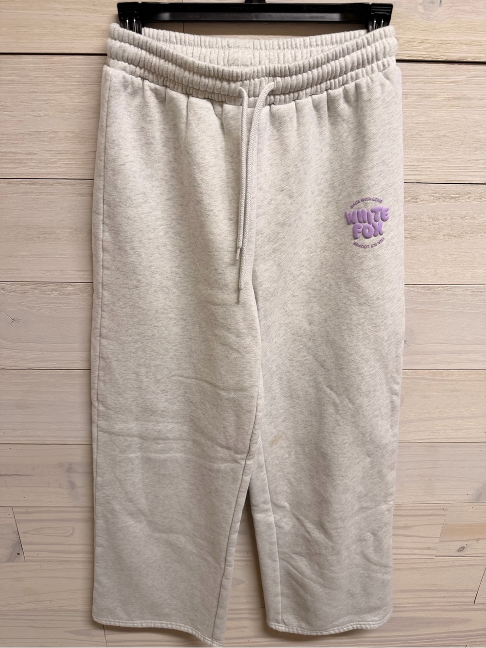 White Fox Boutique Cream Straight Leg Sweatpants with Purple Logo